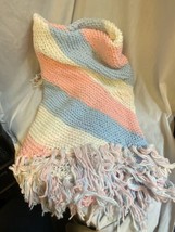 VIntage Pink Blue White Crochet Knitted Blanket 50”x50” - £15.30 GBP