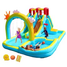 Inflatable Water Double Slides Park With Blower, Bouncy Castle With Rainbow Wate - £469.21 GBP