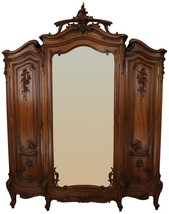 Antique Armoire Louis XV Wardrobe Rococo Opulent Carved Walnut Mirrors 3-Door - £6,769.74 GBP