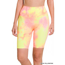  Tie Dye Bermuda Shorts   High Waisted Biker Shorts Neon Pink &amp; Yellow - $22.60