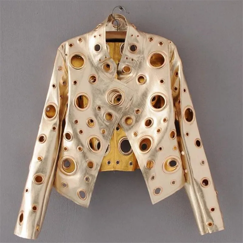 European and  Fashion Stand Collar pu Jacket Coat Loose Bright openwork  Ring De - £163.82 GBP