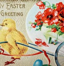 My Easter 1900s Victorian Greeting Postcard Embossed Chick Cart Floral P... - $19.99