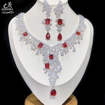 Luxury European Bridal Wedding Jewelry, Sparkling Red CZ Earrings Necklace Dinne - £93.99 GBP