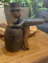 Wood Carved Man Over Barrel Cigarette Match Holder Hand Carved - $75.00