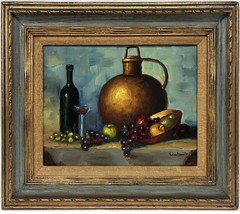 Large Frank L EAN Signed Fruit &amp; Wine Still Life Oil On Canvas Original - £237.36 GBP