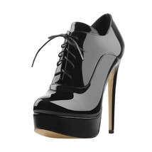 Women Black Platform Ankle Boots High Heels Lace Up Patent Leather Stiletto  Sex - £80.52 GBP