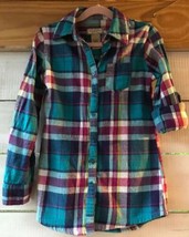 Arizona Jean Co. Girl&#39;s S/Ch 7/8 Flannel Top Turquoise Purple Shirt Pearld Btns  - £10.01 GBP