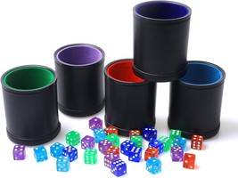 5 Pack PU Leather Dice Cups Velvet Felt Lined Shaker Cups with 30 Dot Dice for B - £40.62 GBP