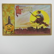 Vintage Halloween Postcard Witch Rides Broom Full Moon Jack-O-Lantern Pumpkin - £31.28 GBP