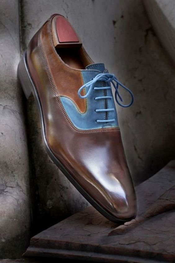 New Handmade Men Derby Blue and Brown Shoes, formal Dress Leather Shoes, tuxedo