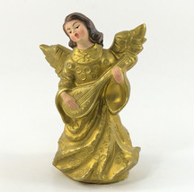 Christmas Angel Figurine/Ornament Gold 5.5&quot; Playing Mandolin Plastic Vintage - £8.59 GBP