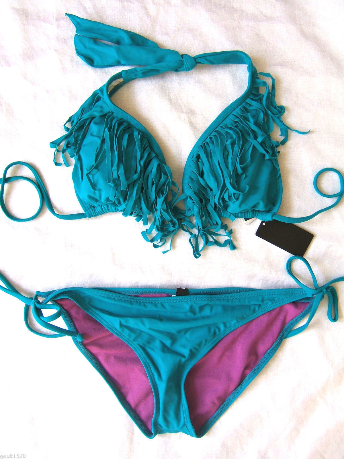 NWT Guess Los Angeles Teal Blue Fringe Halter Tie Bikini Sexy Swim Suit S $148 - $53.40