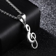 Silver Treble G Clef Music Note Pendant Necklace Stainless Steel Chain 24&quot; - £9.35 GBP