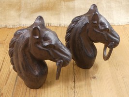 2 HORSE HEAD HITCHING POSTS W/ RING STABLE BARN RANCH EQUESTRIAN DECOR R... - $84.99
