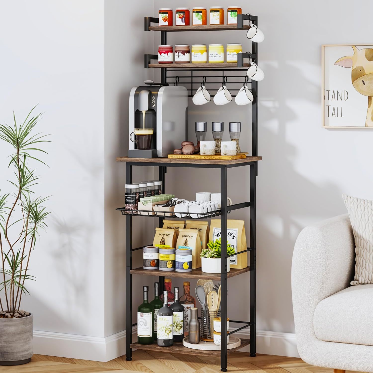 6-Tier Coffee Bar Station - Bakers Rack With Drawer & 6 S-Shaped Hooks, Corner C