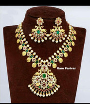 Gold Plated Indian Bollywood CZ Jewelry Necklace Earrings Temple Chain Haram Set - £75.91 GBP
