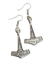 Thors Hammer Earrings Silver Tone Mjolnir Viking Norse Pagan Hook Drop Dangle - £7.05 GBP