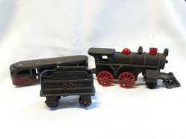 Vtg Cast Iron Train Set Engine Coal Cart &amp; Passenger Car Black Red - $59.95