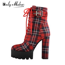 Women&#39;s Platform Ankle Boots Buckle Strap Chunky Heel Red Plaid Lace Up Side  Zi - £113.69 GBP