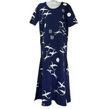 M. Mac Navy Blue Asian Crane 100% Cotton Casual Maxi Long Dress Size S New - $44.54