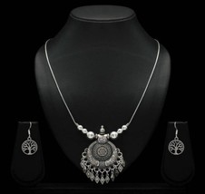 Afghani Style Silver Color Pendant Oxidised Necklace With Earrings - £10.79 GBP