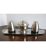 Stainless Steel Salt and Pepper Condiment Set with Tray and Silver Plate... - £14.05 GBP
