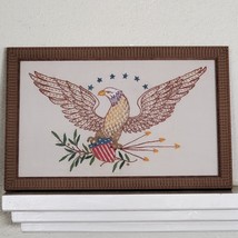 Vintage 1960 Hand Embroidery Eagle Patriotic Framed ART 21x13.5 &quot; Americana - $79.48