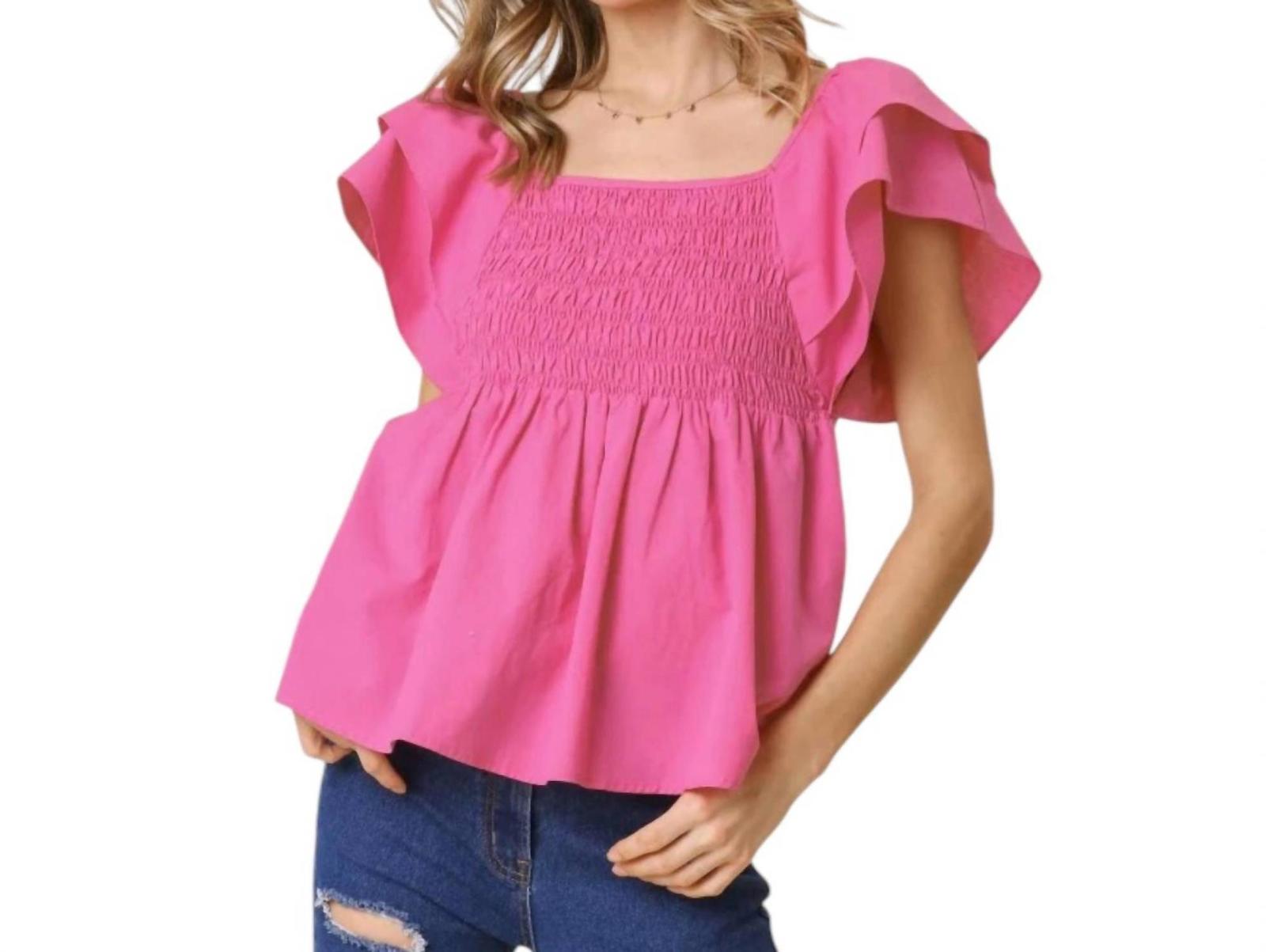 Umgee Smocked Poplin Ruffle Top Hot Pink - $34.00