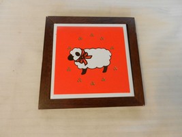 Red &amp; White Ceramic Tile or Trivet With Lamb in Red Field in Brown Frame - $30.00