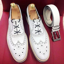 Mens Oxfords Leather Cow White Wingtips Brogue Handmade Formal Wear Shoes - £112.46 GBP