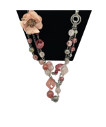 NY Pink Dangle Necklace 30&quot; Beads Link Chain Flower AB Beads Multi Chain... - $17.60