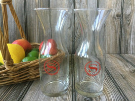 Lot of 2 Vintage Red Sheraton Logo Glass Carafe Bottle or Vase 6.75&quot; tal... - £21.27 GBP
