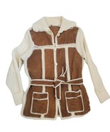 Vintage 70s Suede Knit Belted Cardigan Jacket Cream Brown Boho Western S... - £111.61 GBP