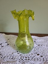 Blenko  MCM chartreuse crimped Ruffled Crackle Glass Vase - £47.47 GBP
