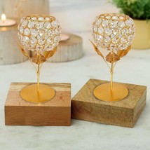 Metal &amp; Crystal Indian Gold Plated Tea Light Candle Holder Stand Set -2 Us - £32.04 GBP