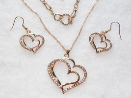 4PC Gold Double Hearts Crystal Rhinestone Set Necklace Earrings Bracelet - £25.47 GBP