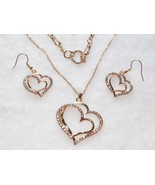 4PC Gold Double Hearts Crystal Rhinestone Set Necklace Earrings Bracelet - £25.06 GBP