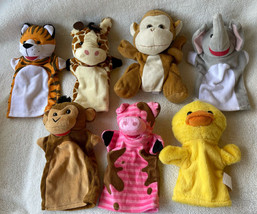 Lot of 7 Plush Animal Hand Puppets Duck Monkey Tiger Giraffe Pig Elephan... - £15.71 GBP