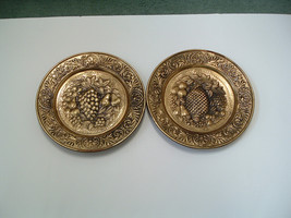 Vintage round metal gold  embossed stamped  fruit  decor plate set distressed - £15.75 GBP
