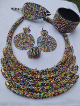 Beaded jewelry set of necklace, bracelet, earrings, ring and hair clip  - £31.37 GBP