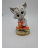 Vintage Lefton  Hand Painted Figurine Bisque White Kitten And Yarn - $21.78