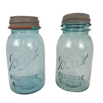 Set 2 Aqua Blue Glass Ball Perfect Mason Quart Canning Jars c1913-22 Zinc Lids - £34.00 GBP