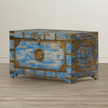 Anthropologie Replica Moroccan Painted Brass Inlay Storage Trunk Blue &amp; Gold - £734.47 GBP