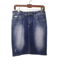 Baby Phat Y2K Faded Distressed Denim Skirt Size 11 Blue Front Slit Stret... - $32.29