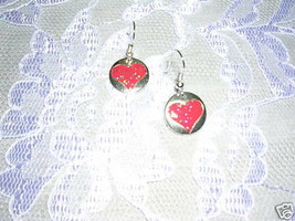 Silver Tone Round Shape W Glittery Red Heart Love Dangle Fashion Earrings - £3.17 GBP