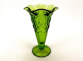 Footed Trumpet Vase, Vintage L. E. Smith Green Glass, Moon And Stars Pat... - $24.45