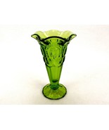 Footed Trumpet Vase, Vintage L. E. Smith Green Glass, Moon And Stars Pattern - $24.45