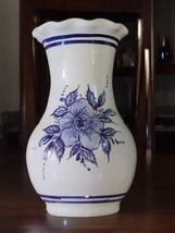 Delf Blue Vase Ruffled Edge Hand Painted Floral Double Stripes Design 7&quot;... - $43.49