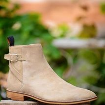 Beige Color Genuine Suede Leather High Ankle Party Wear Jodhpur Buckle B... - $179.99