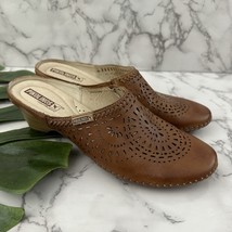 Pikolinos Mules Heels Size 39 Brown Leather Perforated Floral Wedge Slip On - $45.53